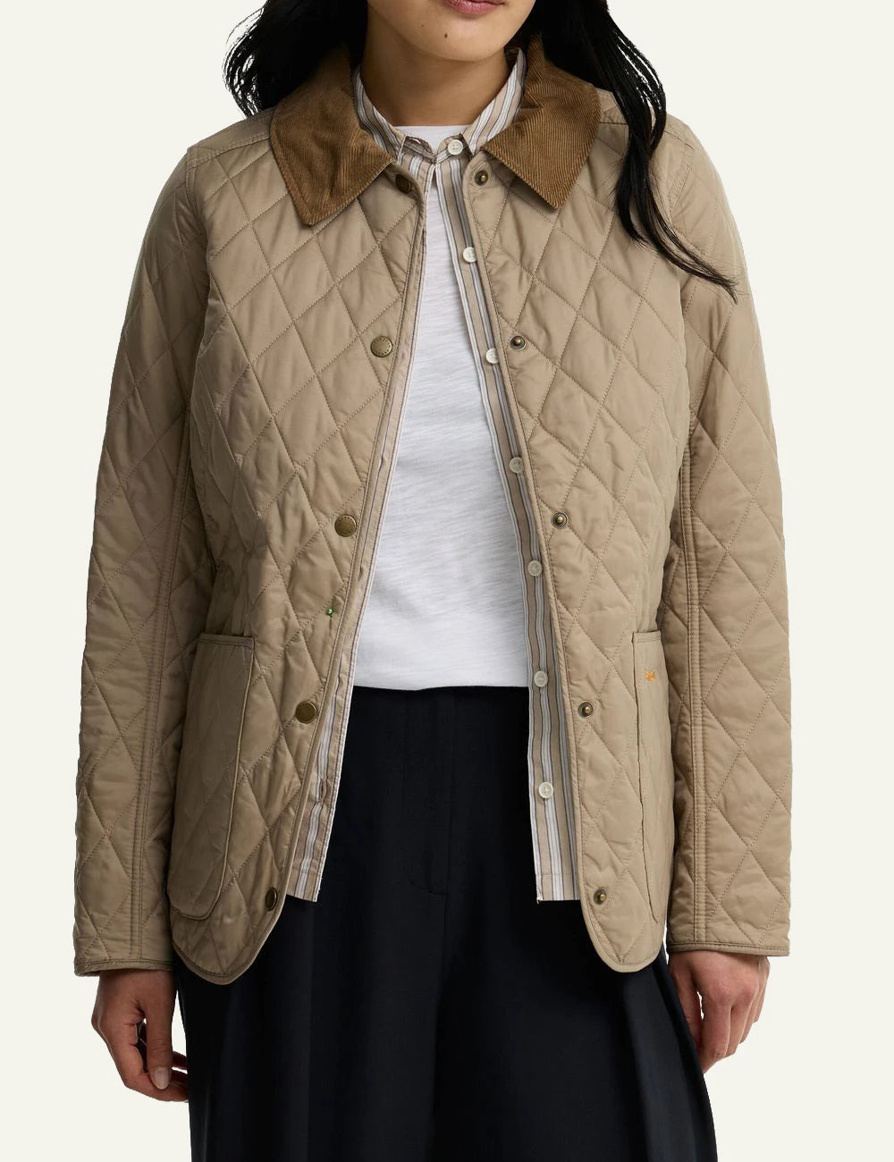 Barbour women's beige quilted jacket with brown corduroy collar model