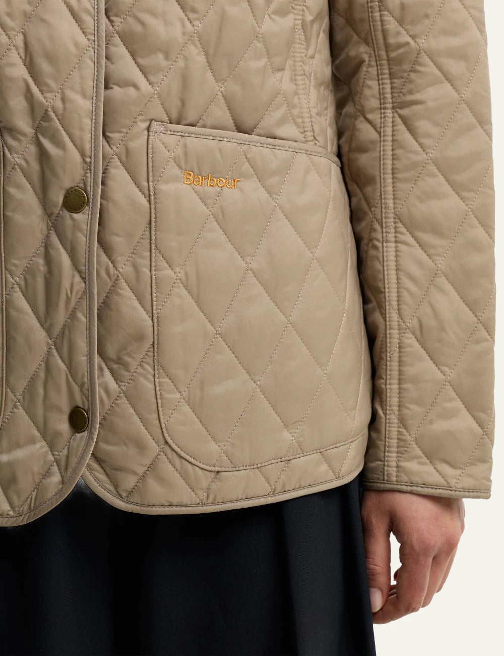 Barbour women's beige quilted jacket with brown corduroy collar detail