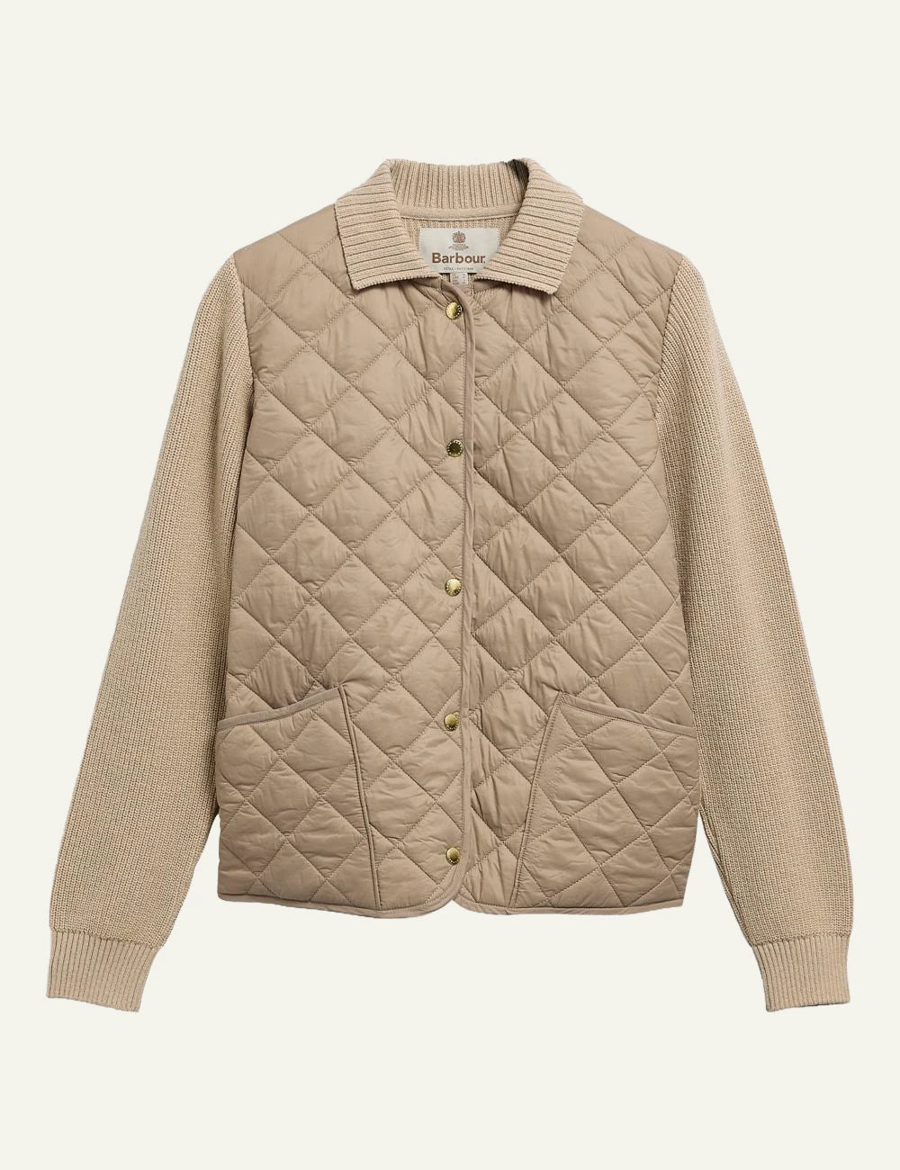 Women's Barbour beige quilted jacket with knitted sleeves and front pockets