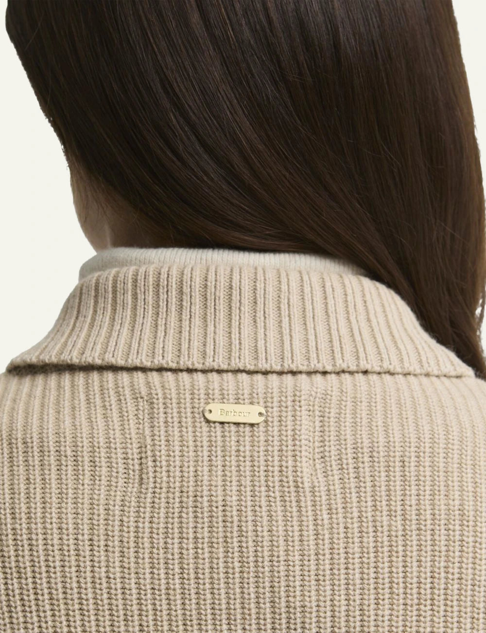 Women's Barbour beige quilted jacket with knitted sleeves and front pockets back logo