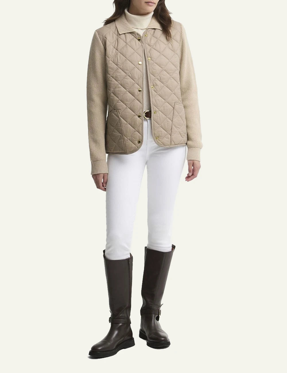 Women's Barbour beige quilted jacket with knitted sleeves and front pockets full body
