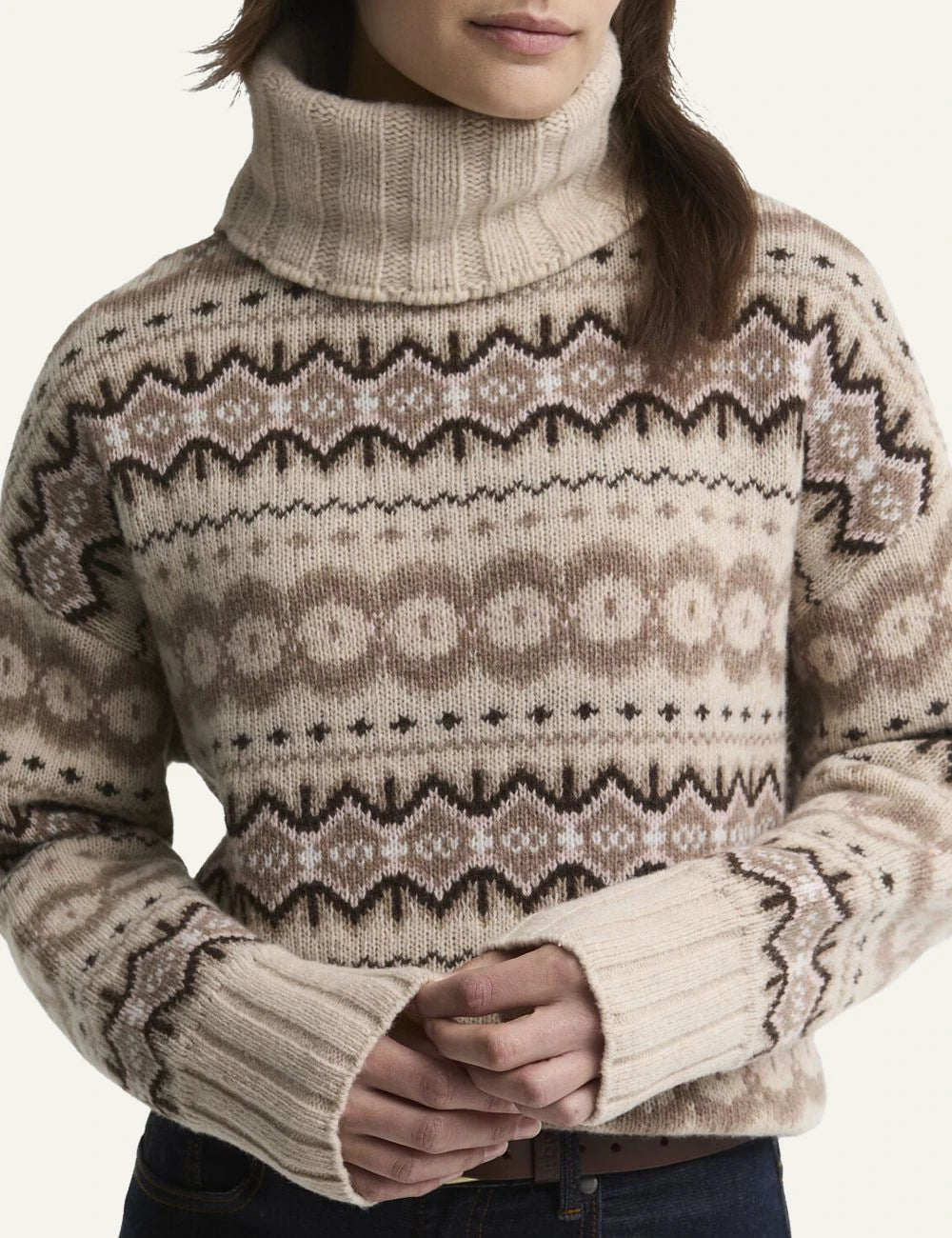 Women's Barbour beige wool-blend Fair Isle knitted roll-neck jumper detail