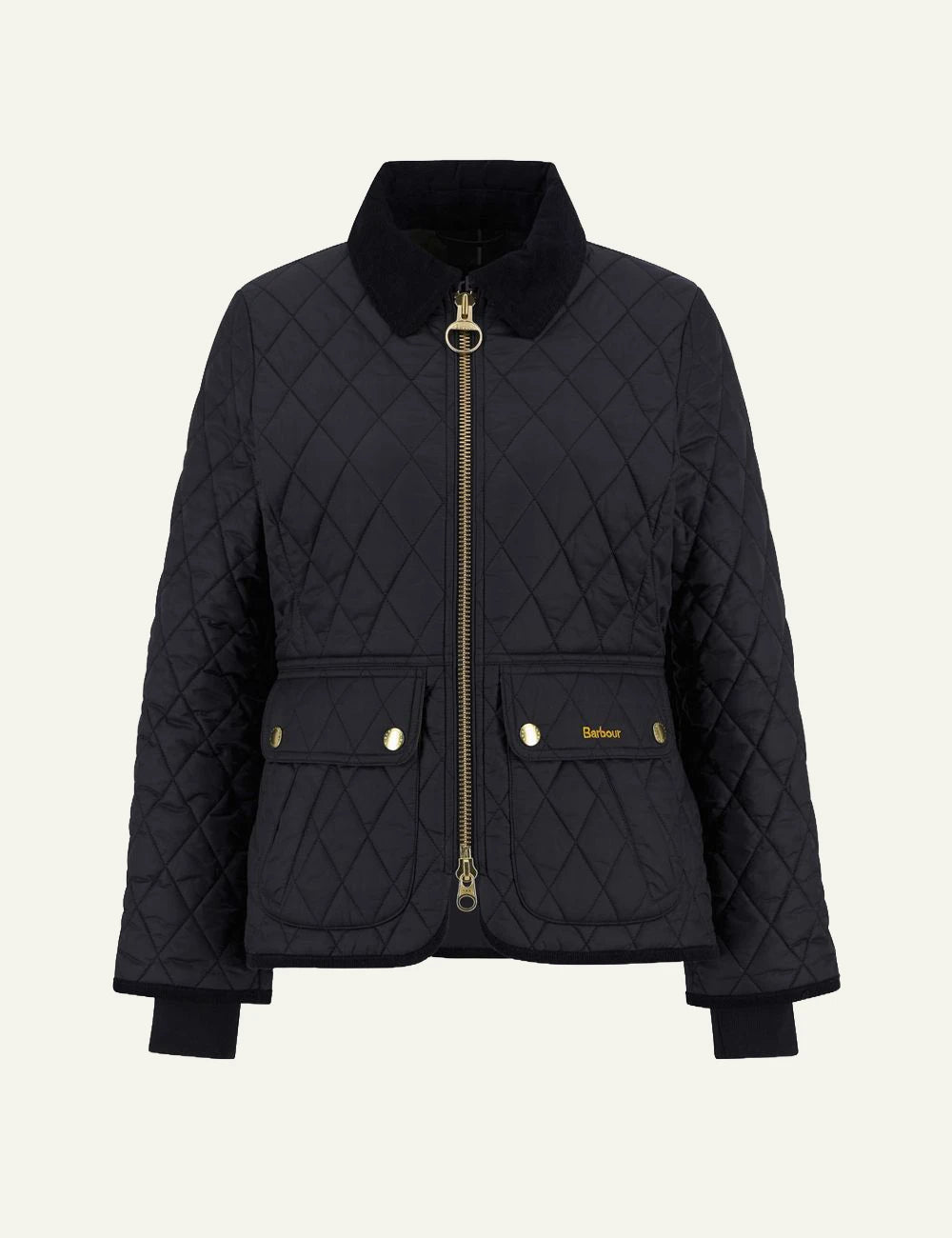 Women's Barbour black fitted quilted jacket with corduroy collar and gold-tone zip