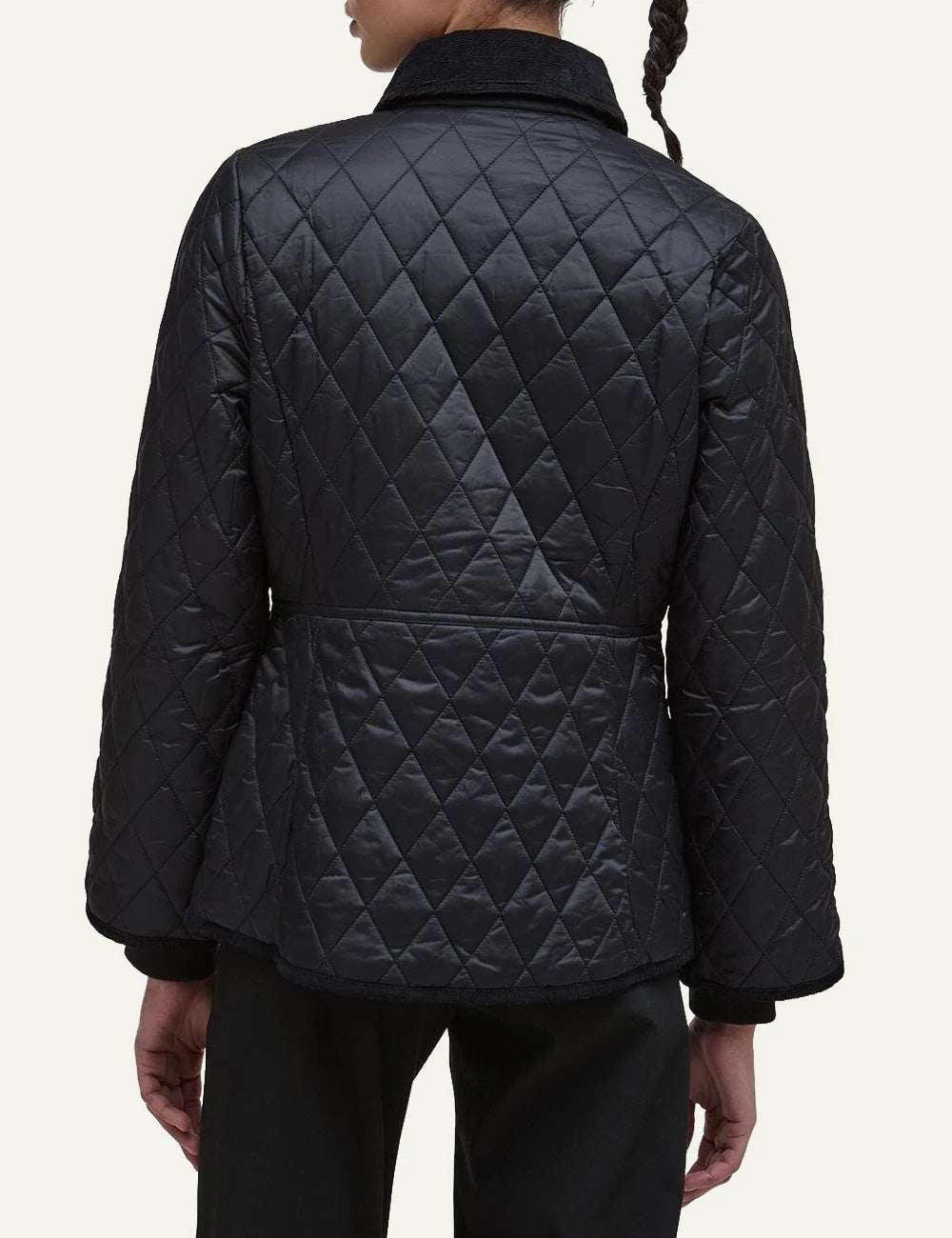 Women's Barbour black fitted quilted jacket with corduroy collar and gold-tone zip pocket
