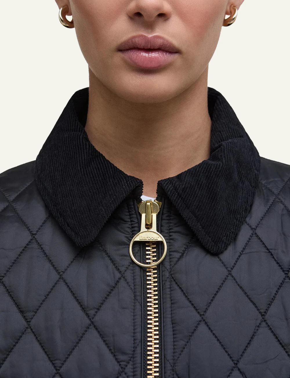 Women's Barbour black fitted quilted jacket with corduroy collar and gold-tone zip detail 