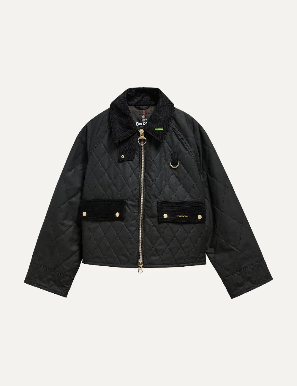 Barbour women's black quilted waxed cotton jacket with cord collar gold-tone zip flap pockets and D-ring detail