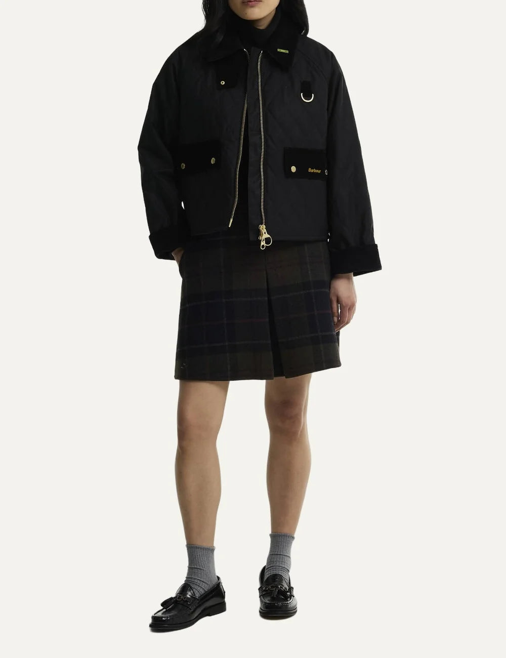Barbour women's black quilted waxed cotton jacket with cord collar gold-tone zip flap pockets and D-ring detail full body