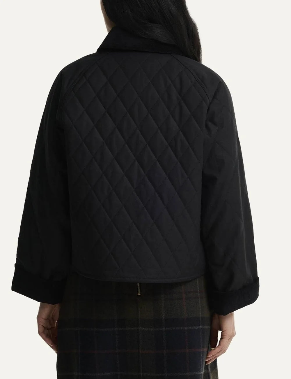 Barbour women's black quilted waxed cotton jacket with cord collar gold-tone zip flap pockets and D-ring detail back