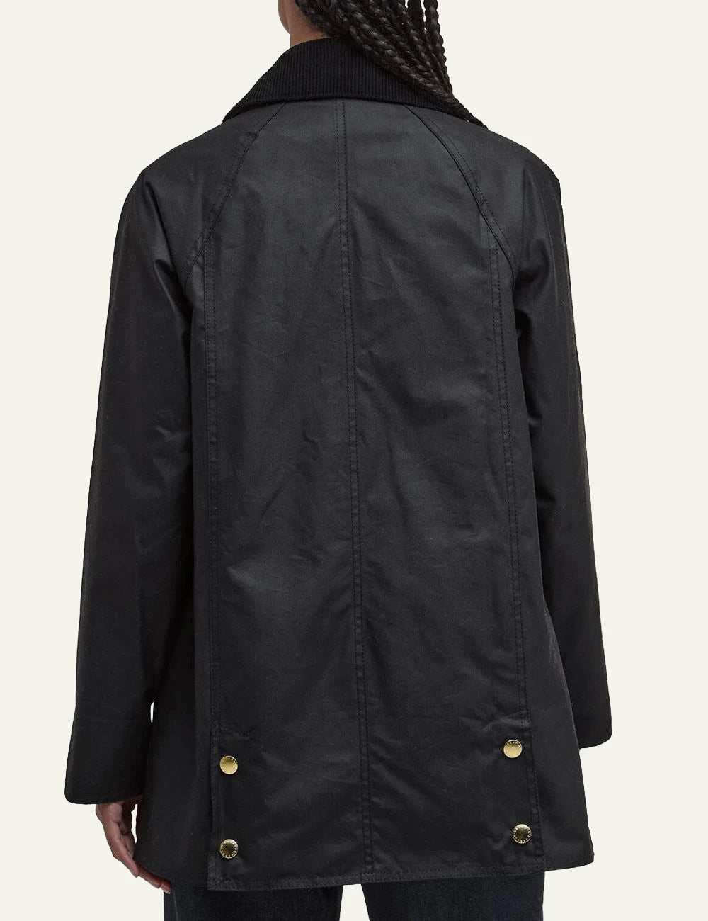Women's Barbour black waxed jacket with oversized corduroy collar and gold-tone buttons back