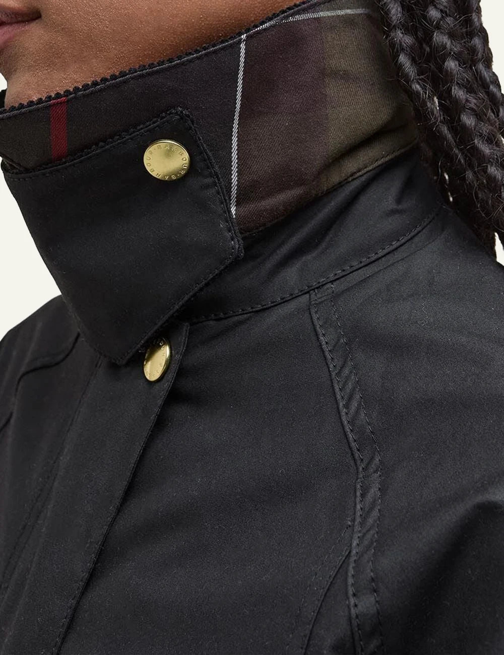 Women's Barbour black waxed jacket with oversized corduroy collar and gold-tone buttons side
