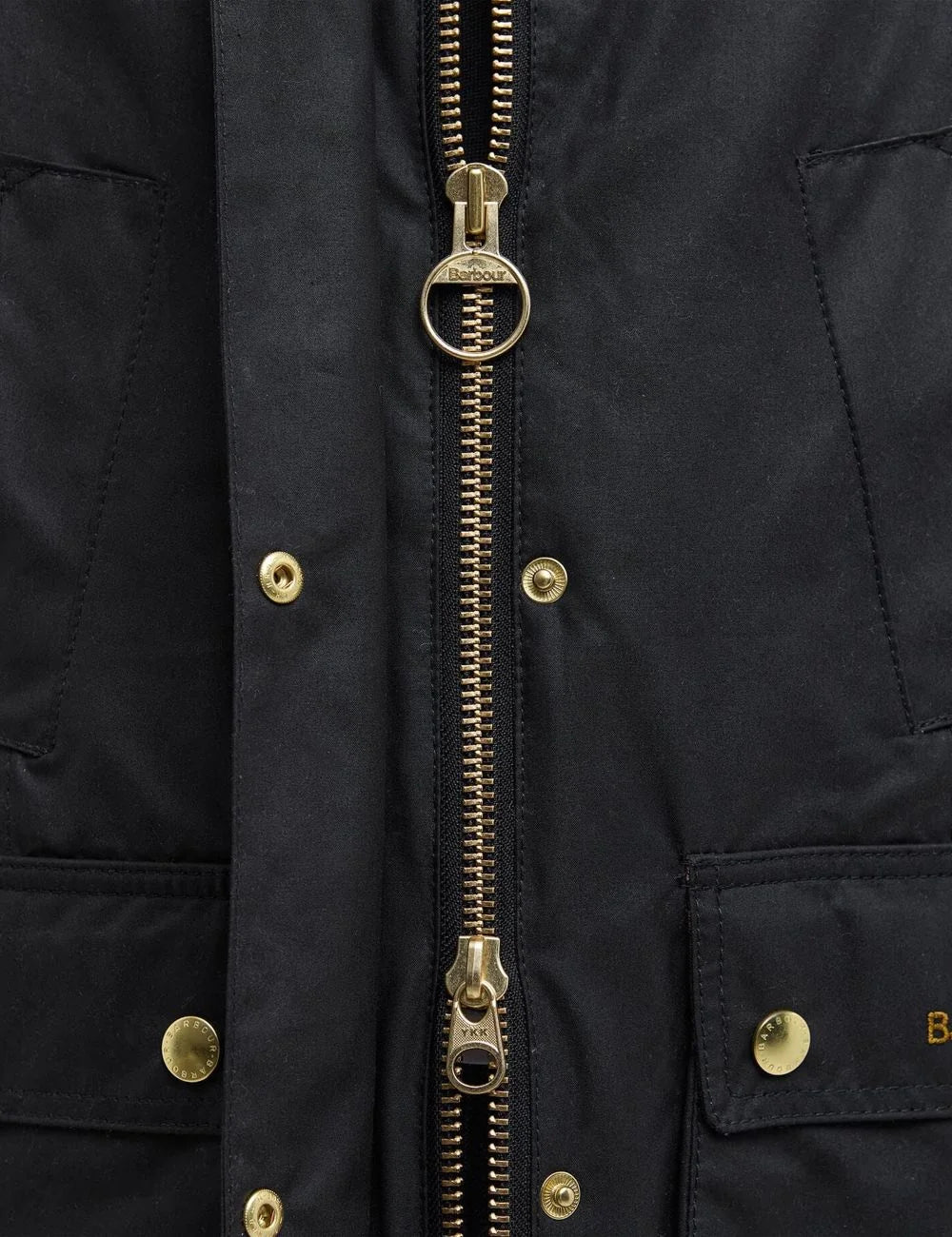 Women's Barbour black waxed jacket with oversized corduroy collar and gold-tone buttons detail