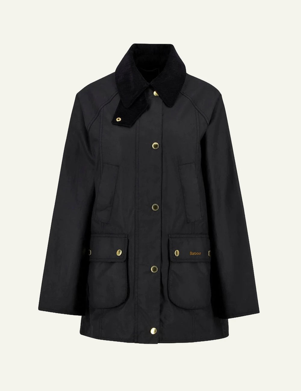 Women's Barbour black waxed jacket with oversized corduroy collar and gold-tone buttons