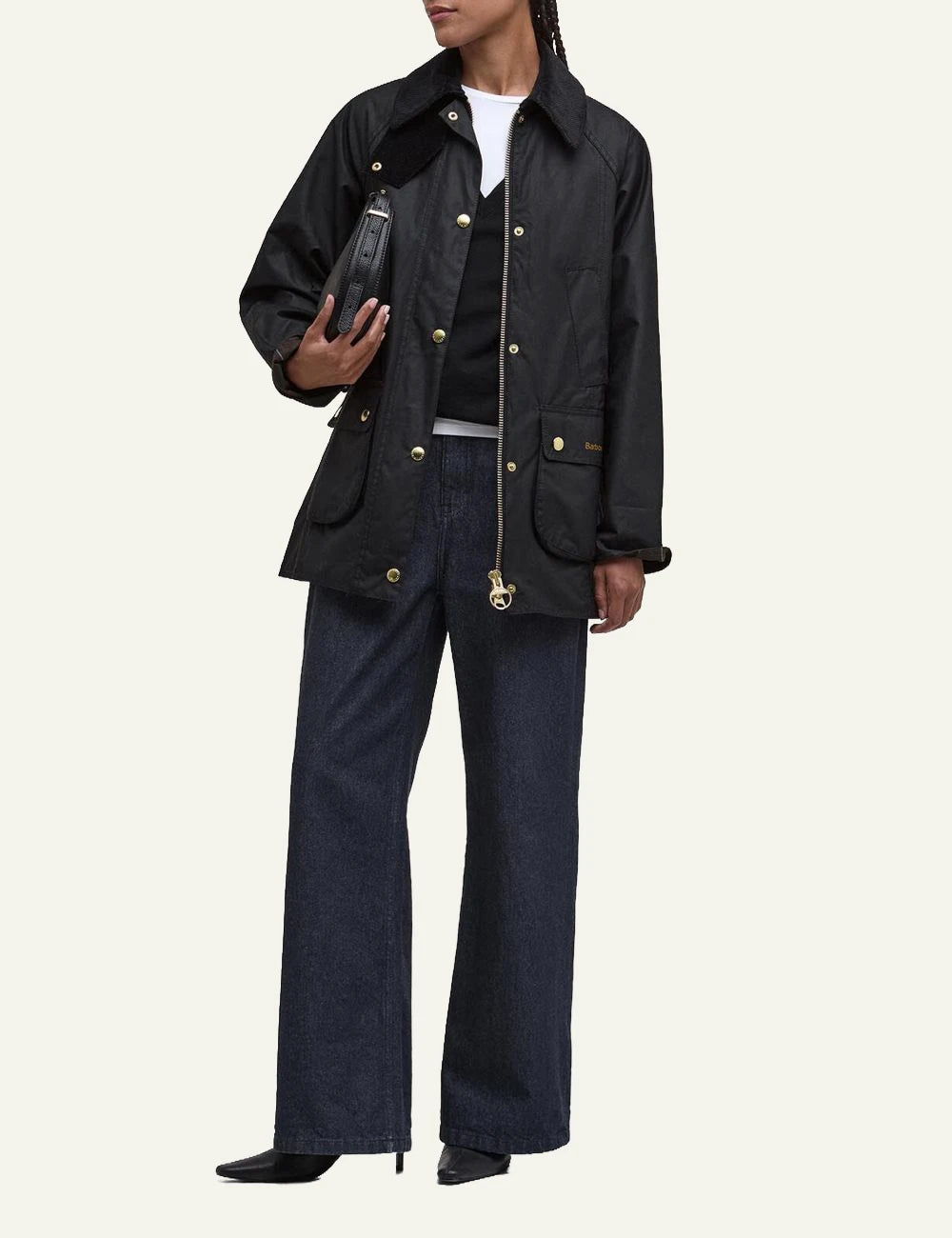Women's Barbour black waxed jacket with oversized corduroy collar and gold-tone buttons full body