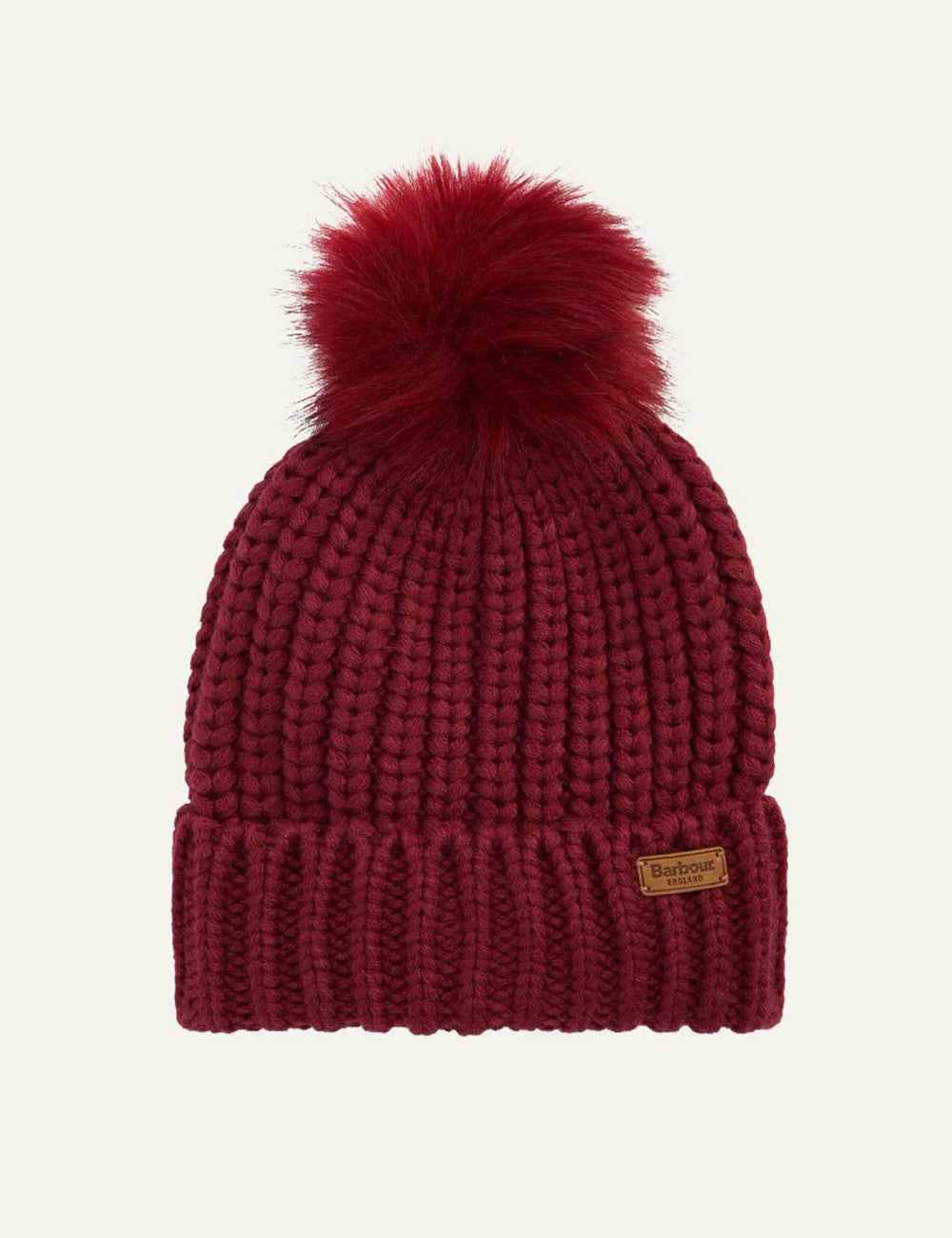 Barbour women's burgundy chunky knit beanie with faux fur pom pom