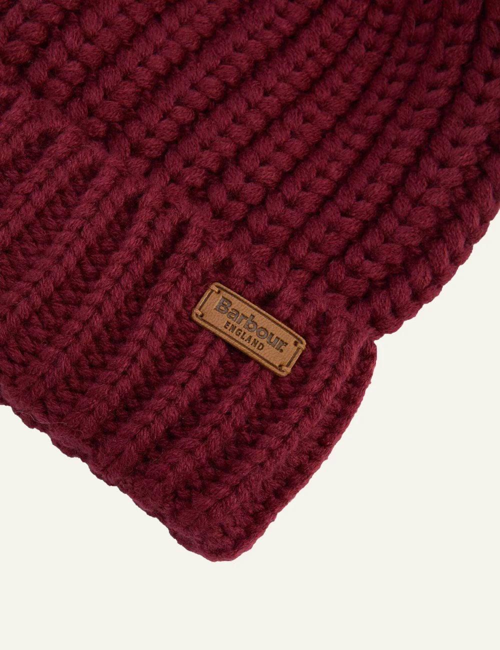 Barbour women's burgundy chunky knit beanie with faux fur pom pom detail
