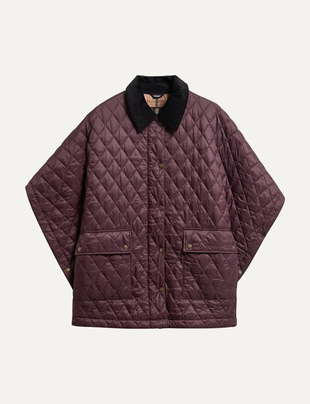 Barbour women's burgundy quilted cape with black corduroy collar snap fastening and large patch pockets