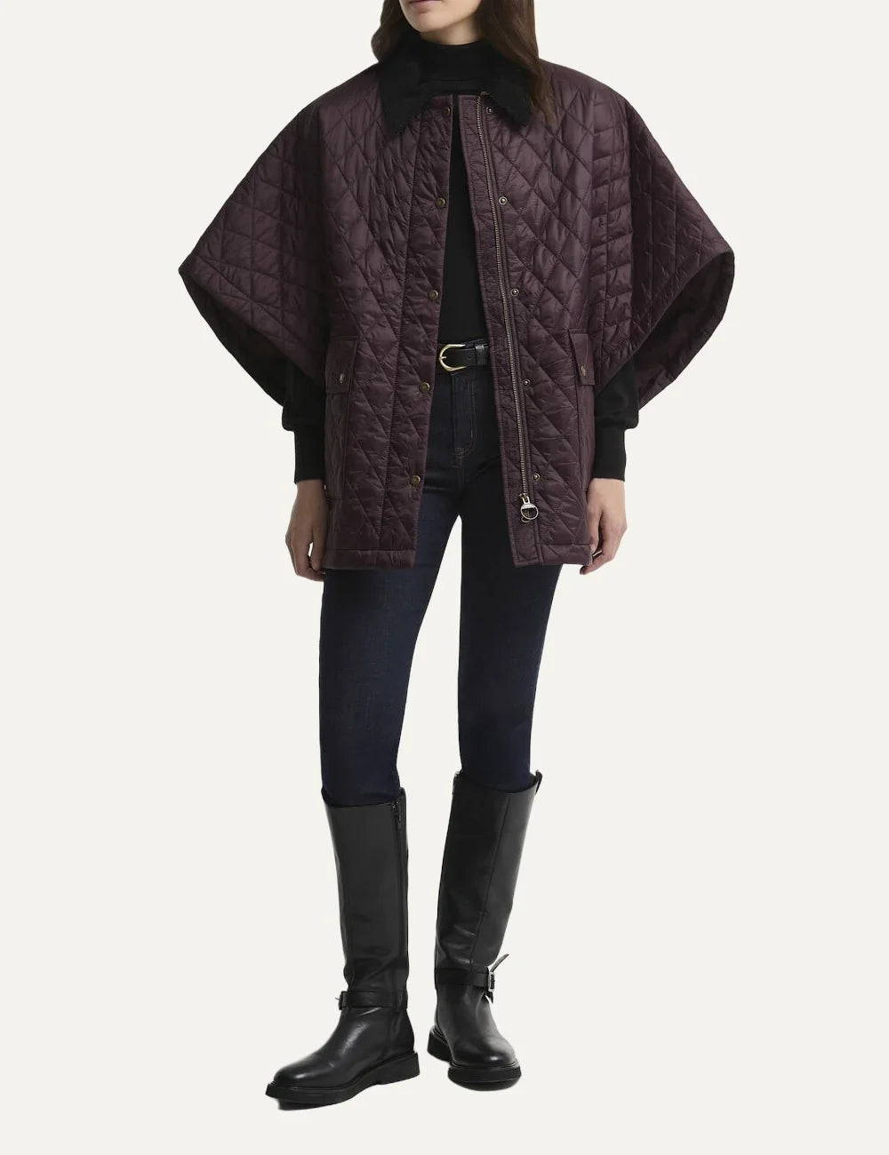 Barbour women's burgundy quilted cape with black corduroy collar snap fastening and large patch pockets full body