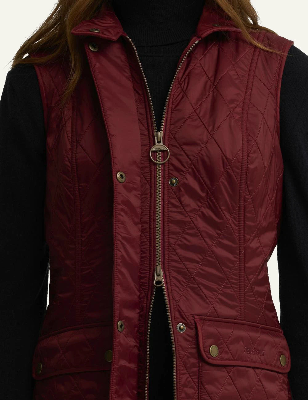 Barbour women's burgundy quilted gilet with fleece lining detail