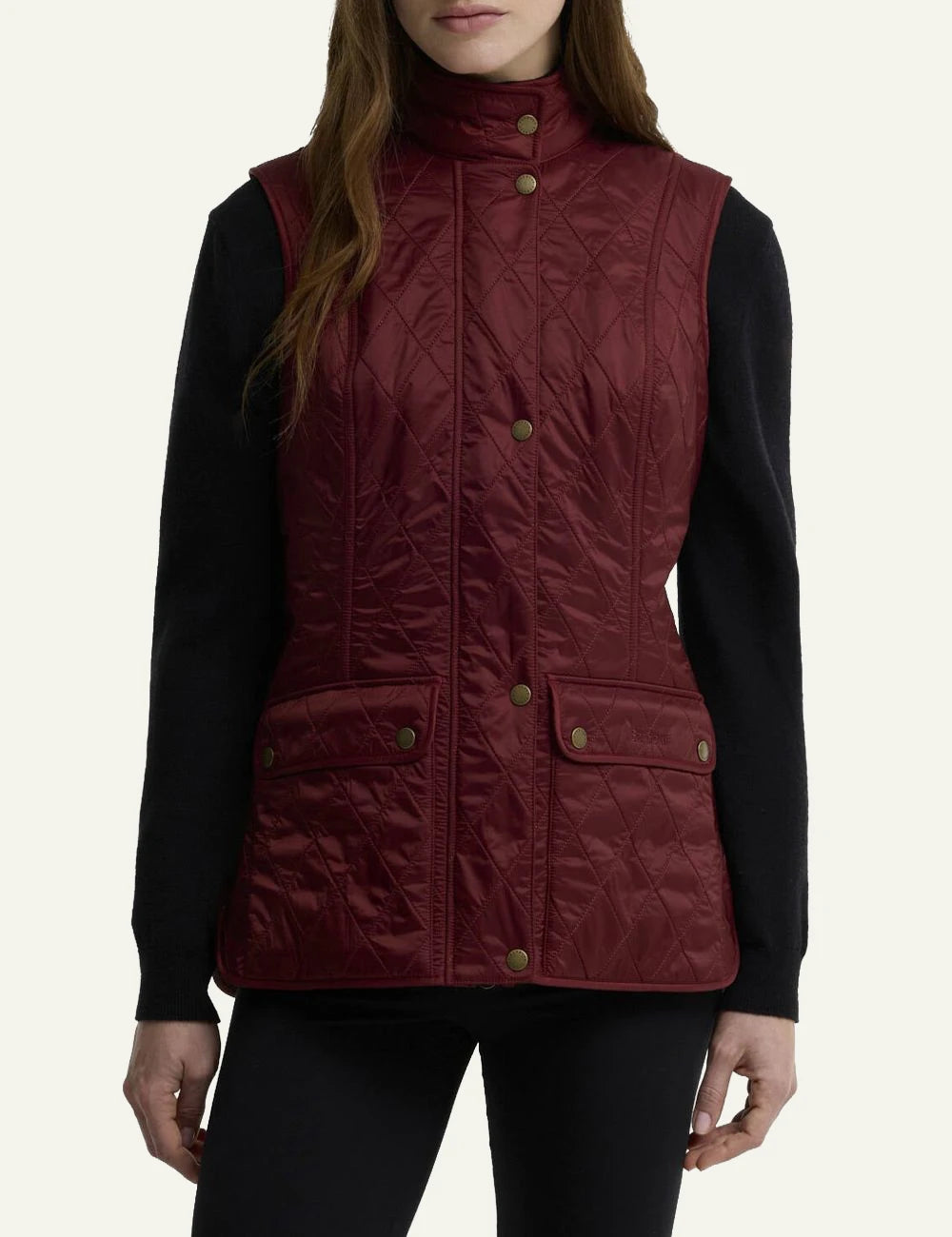 Barbour women's burgundy quilted gilet with fleece lining model