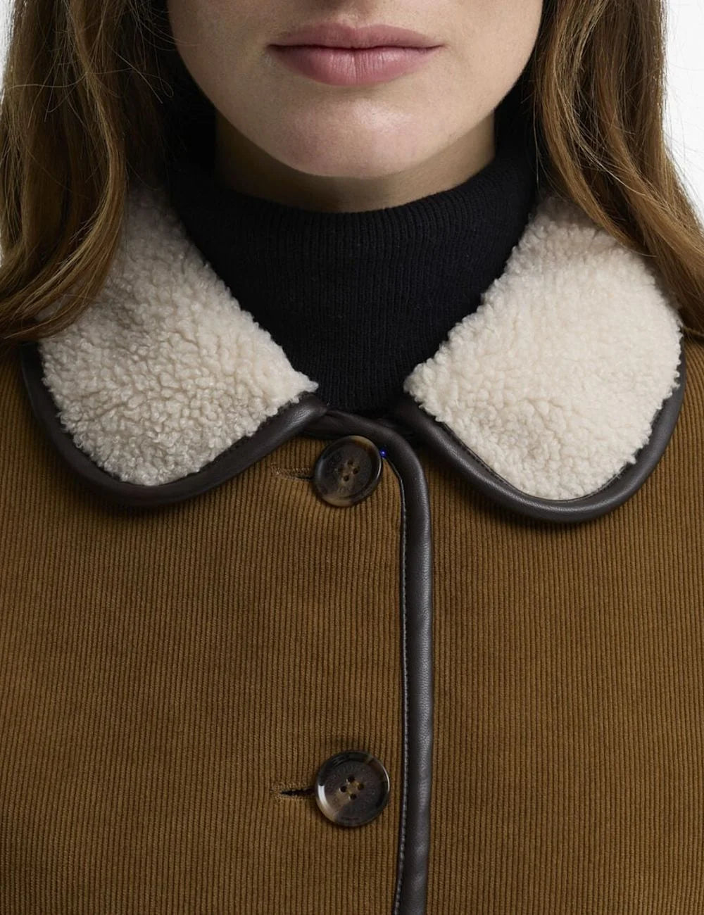 Women's Barbour caramel brown corduroy jacket with cream fleece collar detail