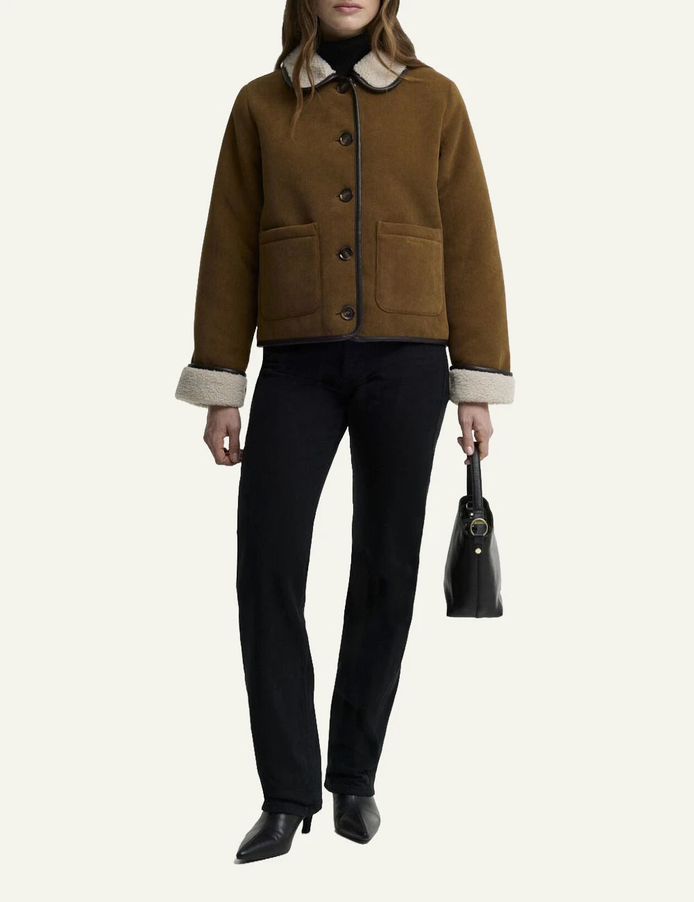 Women's Barbour caramel brown corduroy jacket with cream fleece collar full body