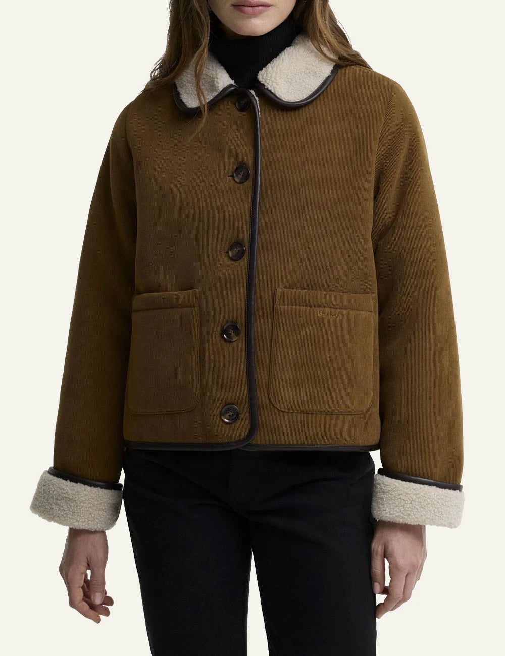 Women's Barbour caramel brown corduroy jacket with cream fleece collar model