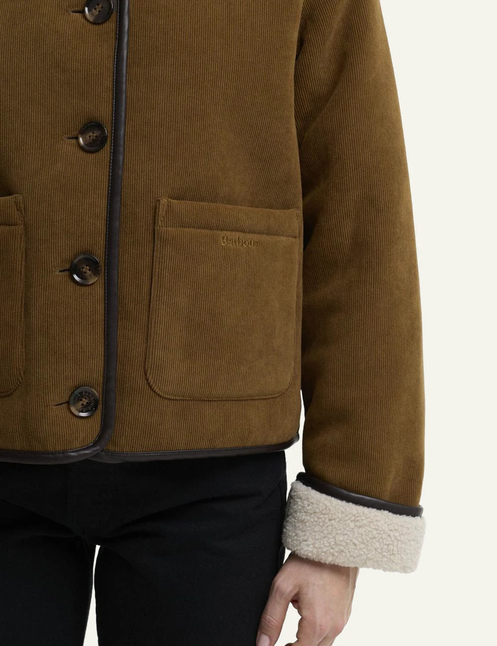 Women's Barbour caramel brown corduroy jacket with cream fleece collar pocket