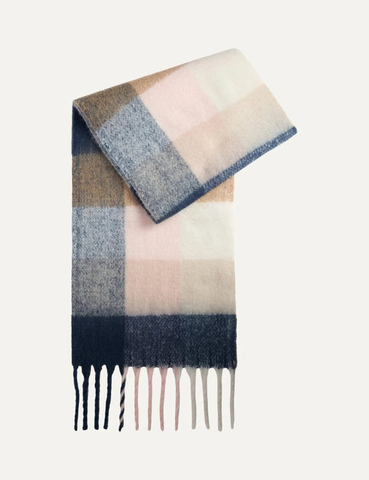 Barbour women's checked scarf in navy blue pink beige and ecru with tassel fringe