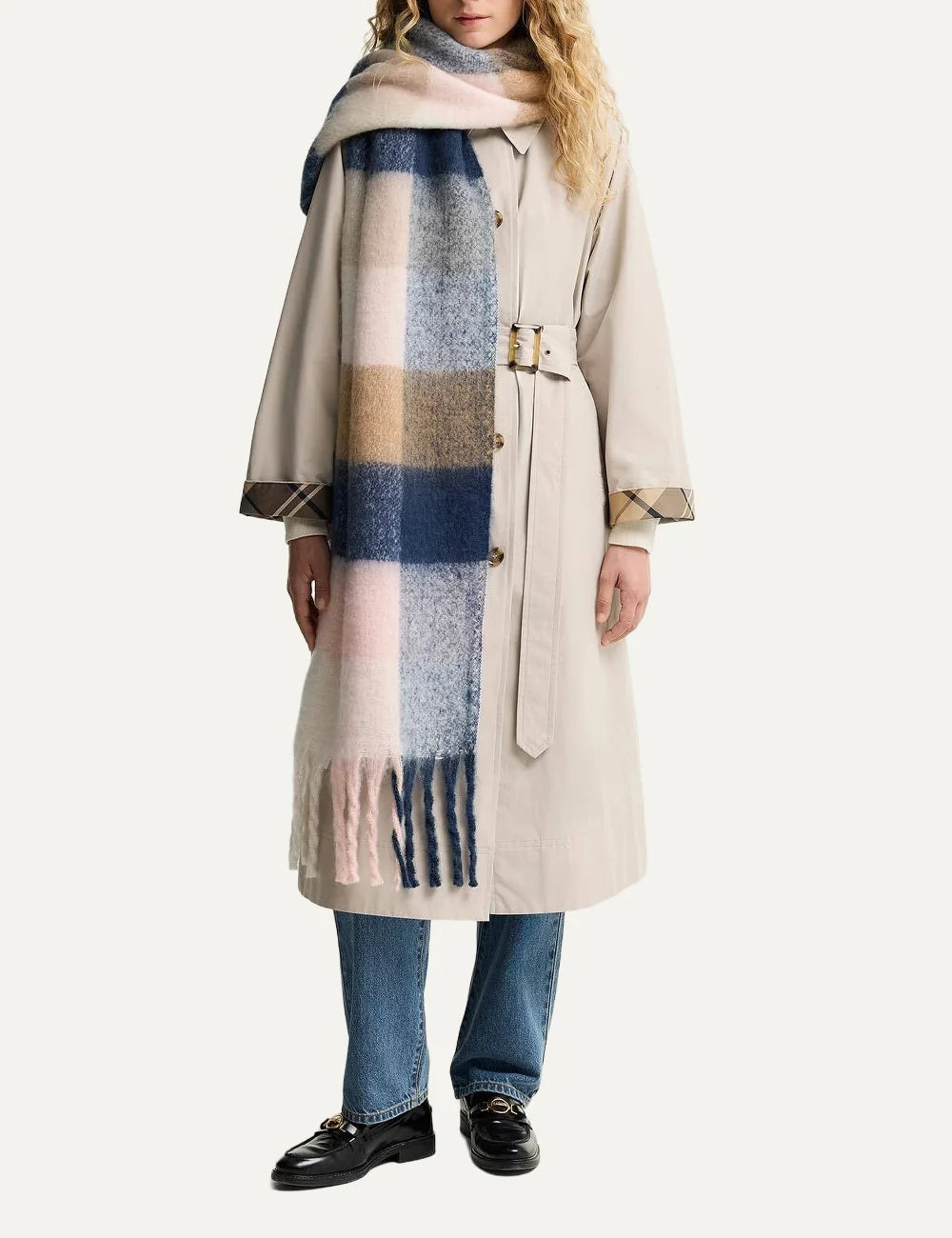 Barbour women's checked scarf in navy blue pink beige and ecru with tassel fringe model