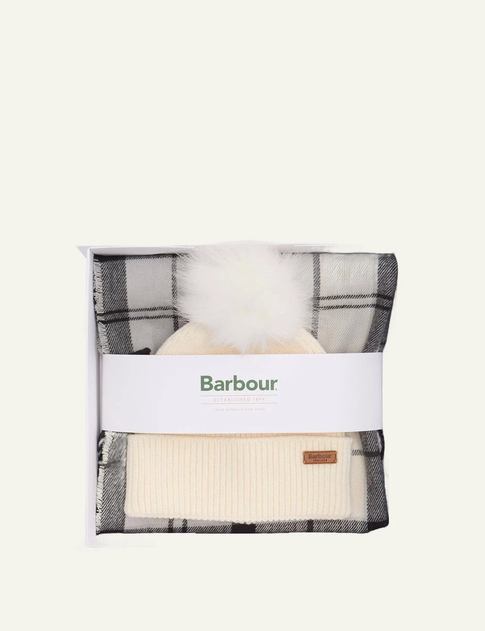 Barbour women's cream beanie and tartan scarf gift set full