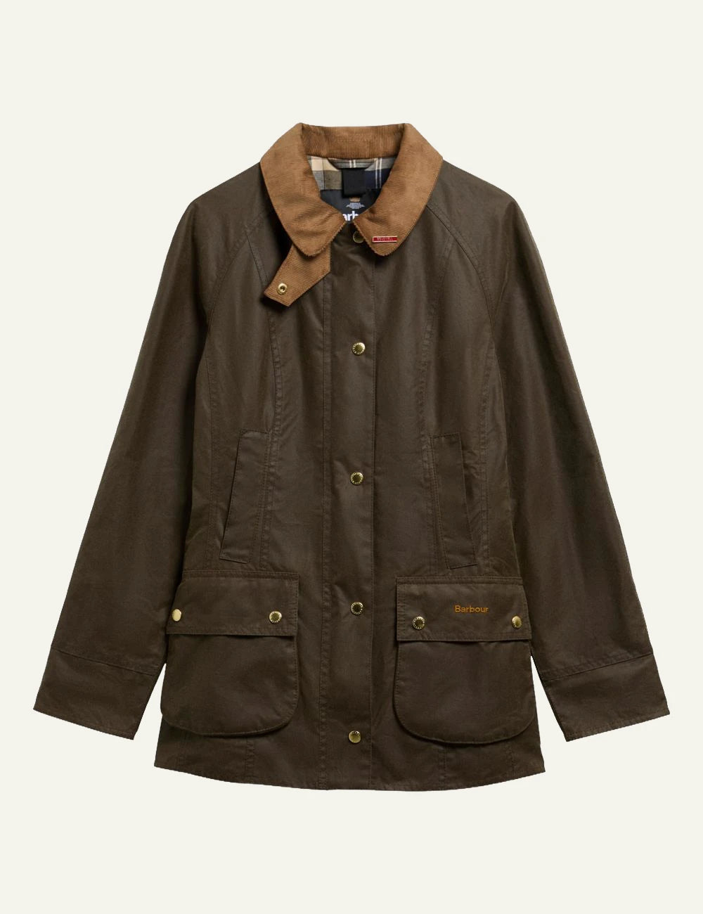 Women's Barbour dark brown waxed cotton jacket with camel corduroy collar and gold-tone buttons