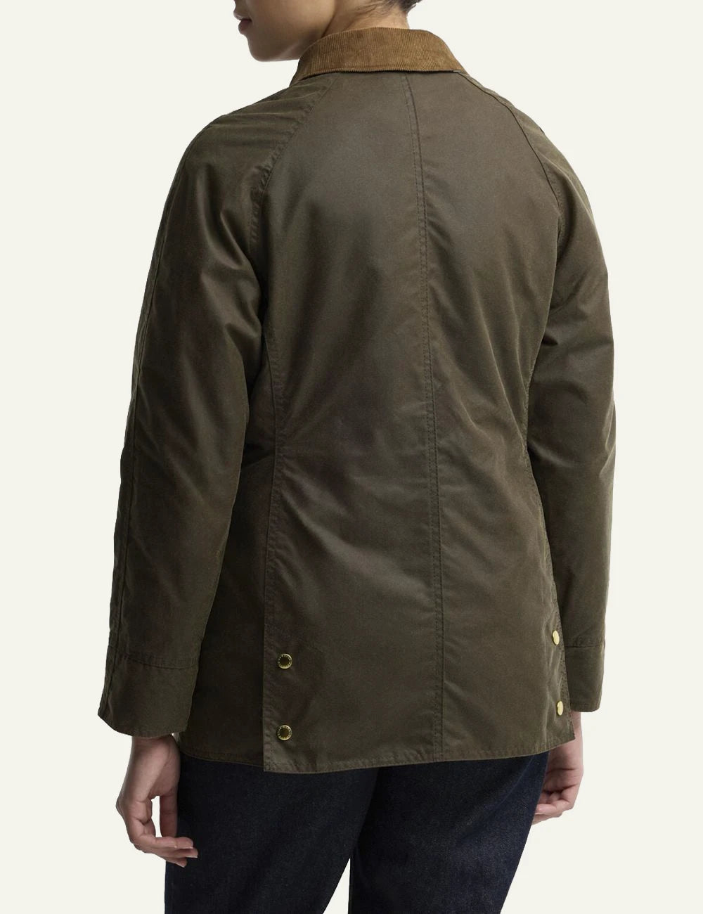 Women's Barbour dark brown waxed cotton jacket with camel corduroy collar and gold-tone buttons back