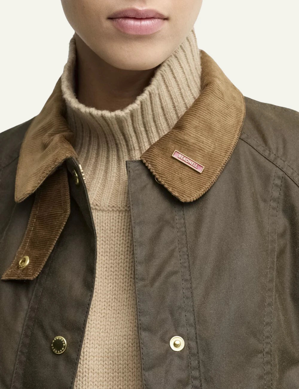 Women's Barbour dark brown waxed cotton jacket with camel corduroy collar and gold-tone buttons detail