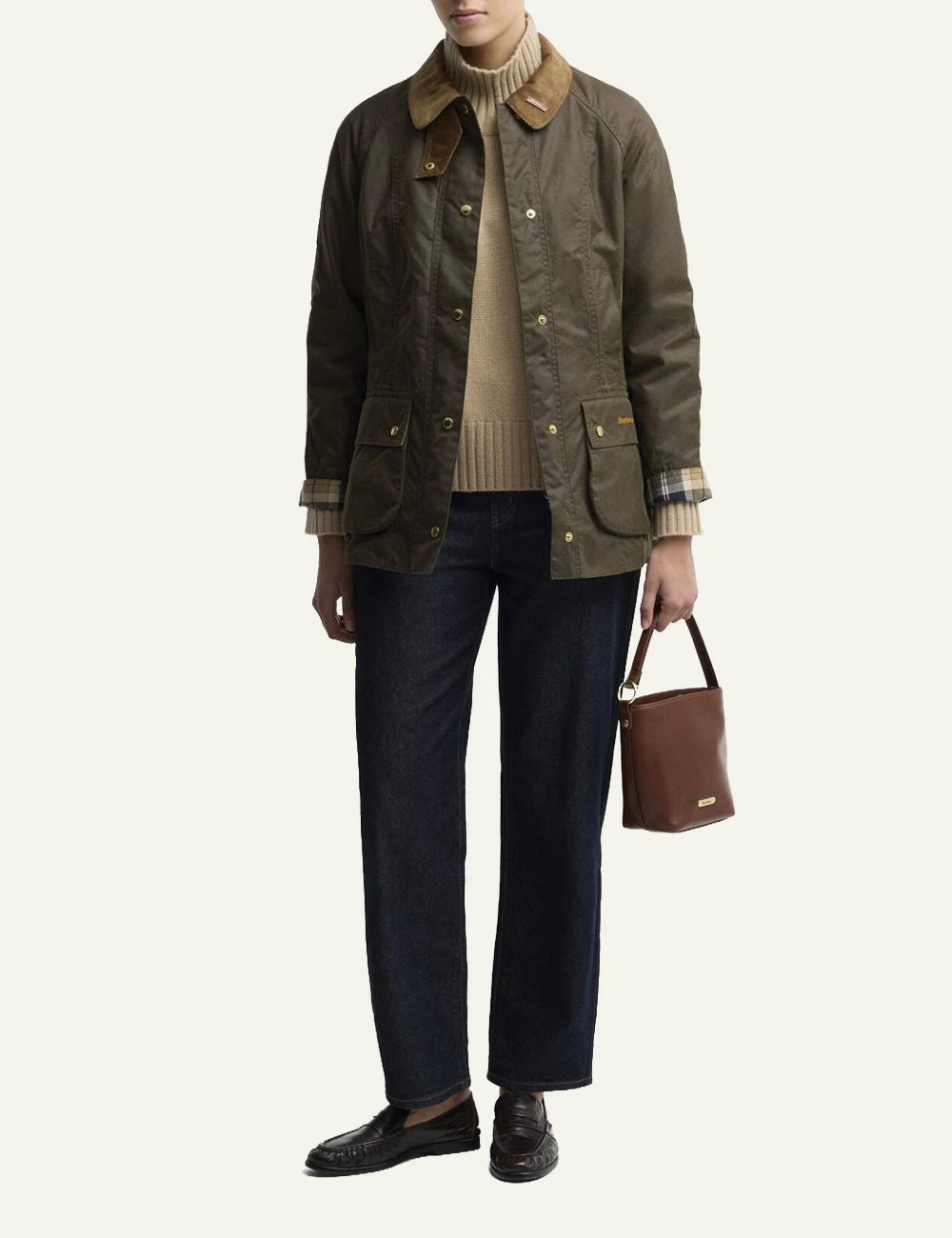 Women's Barbour dark brown waxed cotton jacket with camel corduroy collar and gold-tone buttons full body