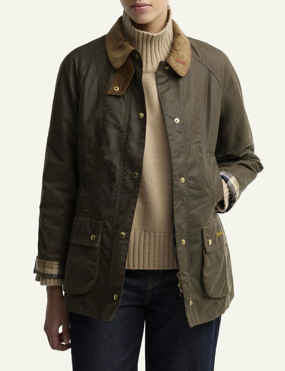 Women's Barbour dark brown waxed cotton jacket with camel corduroy collar and gold-tone buttons model