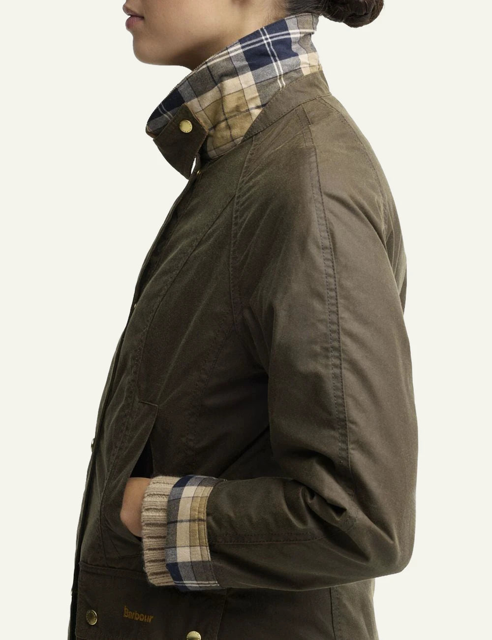 Women's Barbour dark brown waxed cotton jacket with camel corduroy collar and gold-tone buttons side