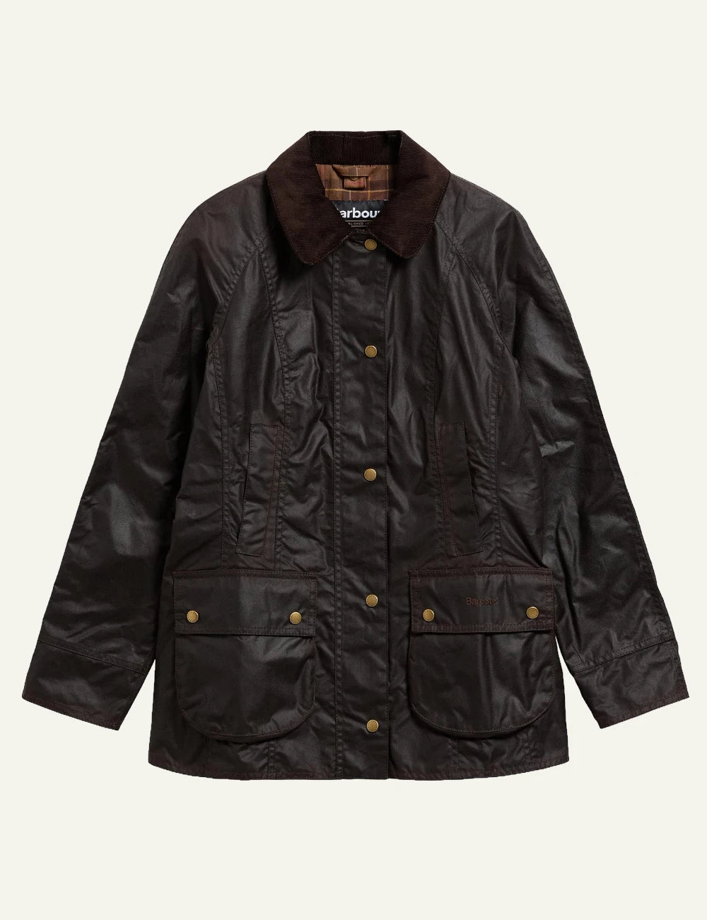 Barbour women's dark brown waxed cotton jacket with corduroy collar