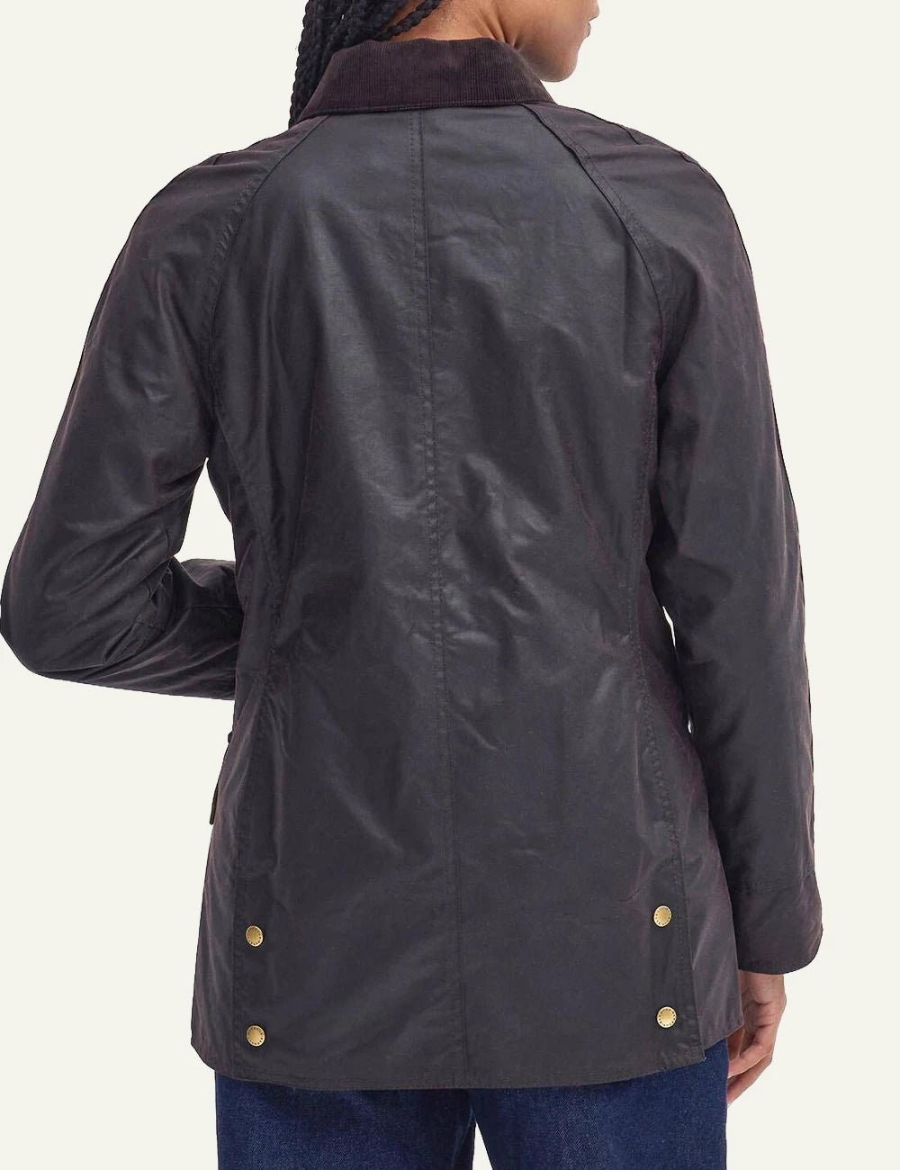 Barbour women's dark brown waxed cotton jacket with corduroy collar back