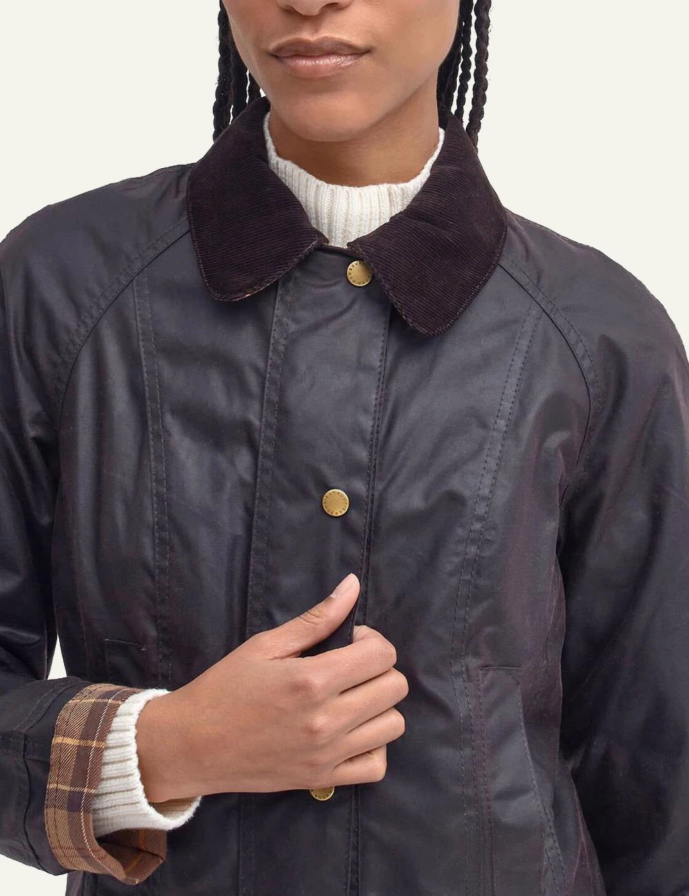 Barbour women's dark brown waxed cotton jacket with corduroy collar detail