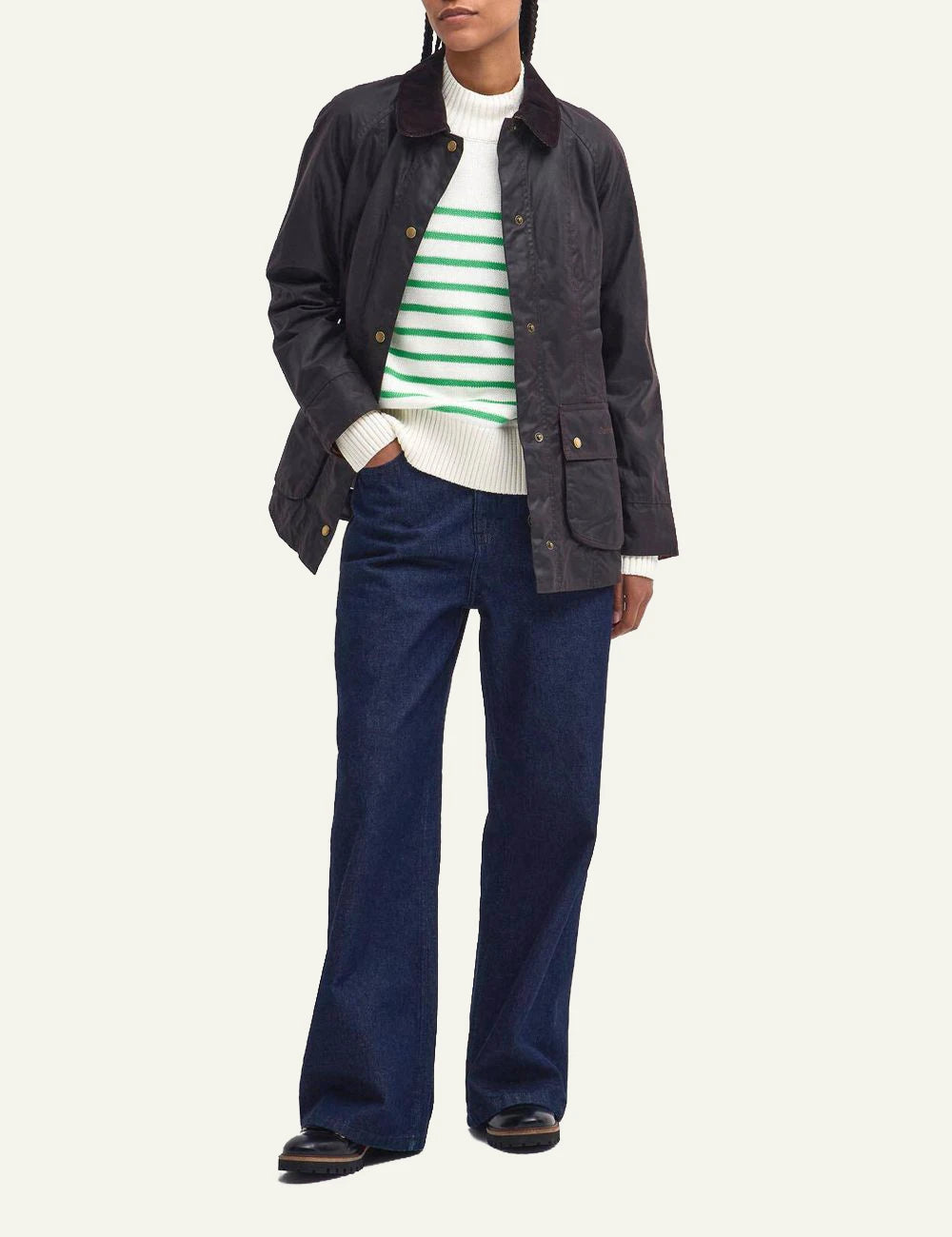 Barbour women's dark brown waxed cotton jacket with corduroy collar full body