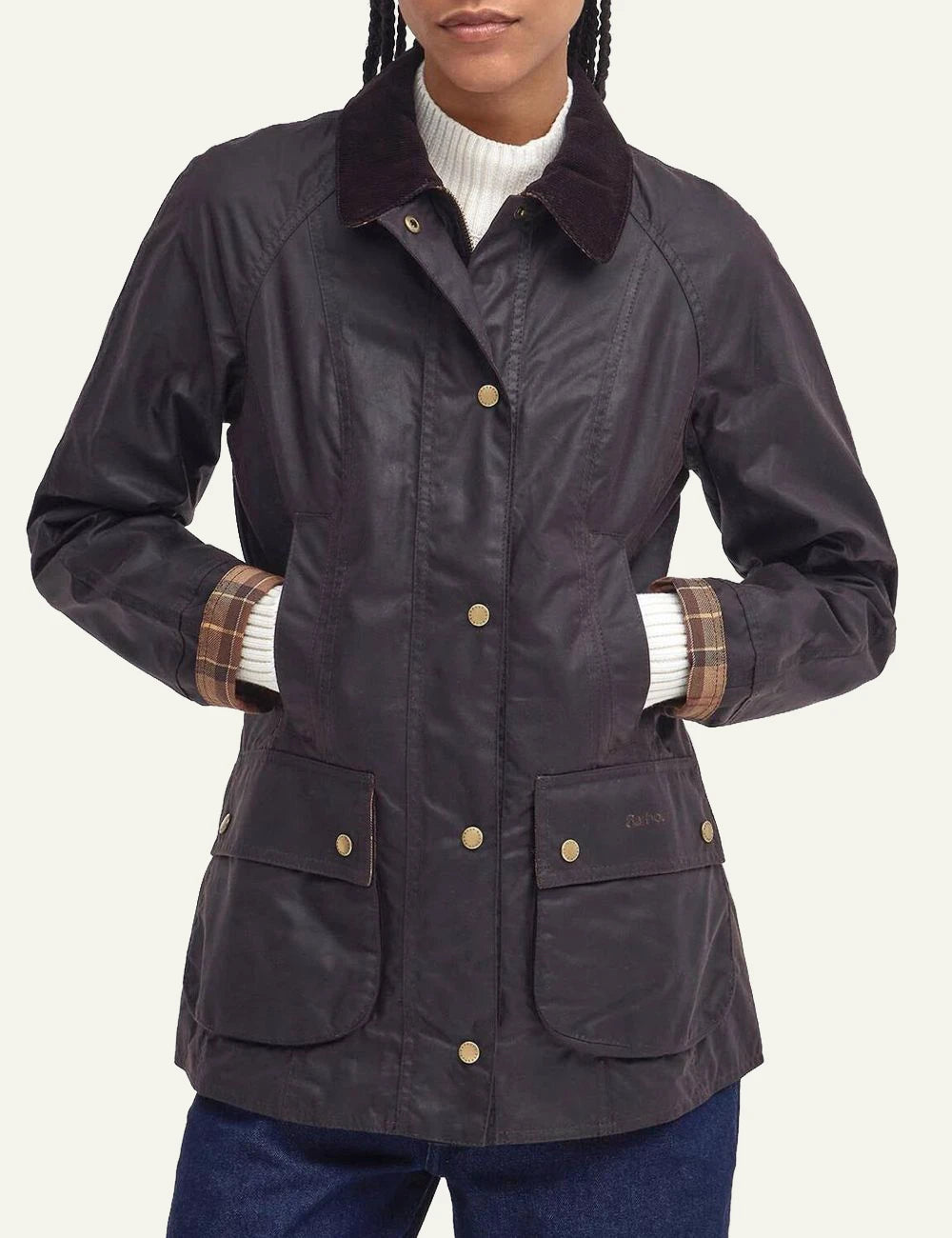 Barbour women's dark brown waxed cotton jacket with corduroy collar model