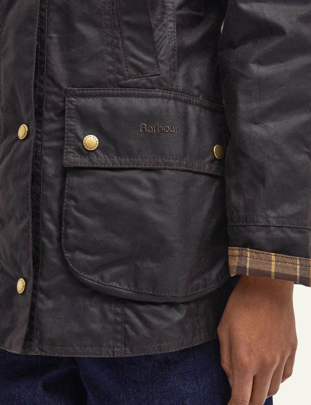 Barbour women's dark brown waxed cotton jacket with corduroy collar pocket