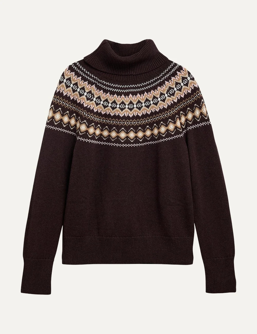 Barbour women's dark brown wool blend roll neck jumper with Fair Isle pattern and ribbed trims