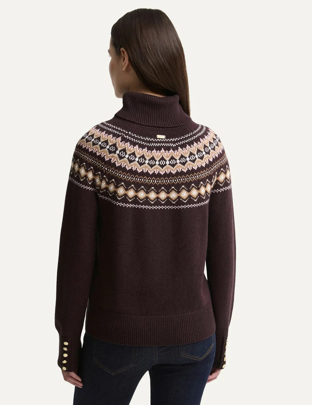 Barbour women's dark brown wool blend roll neck jumper with Fair Isle pattern and ribbed trims back