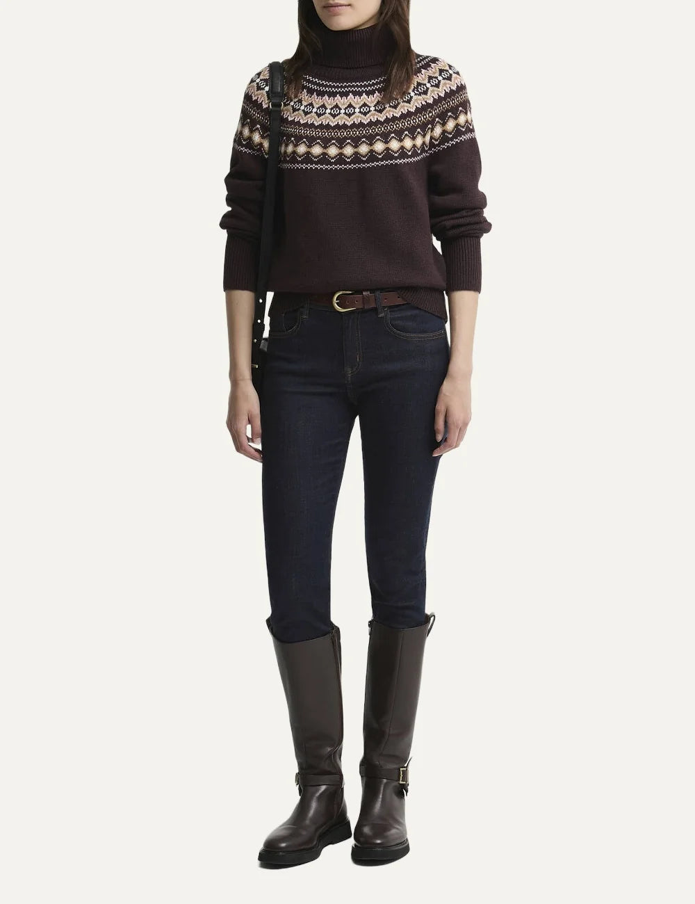 Barbour women's dark brown wool blend roll neck jumper with Fair Isle pattern and ribbed trims full body