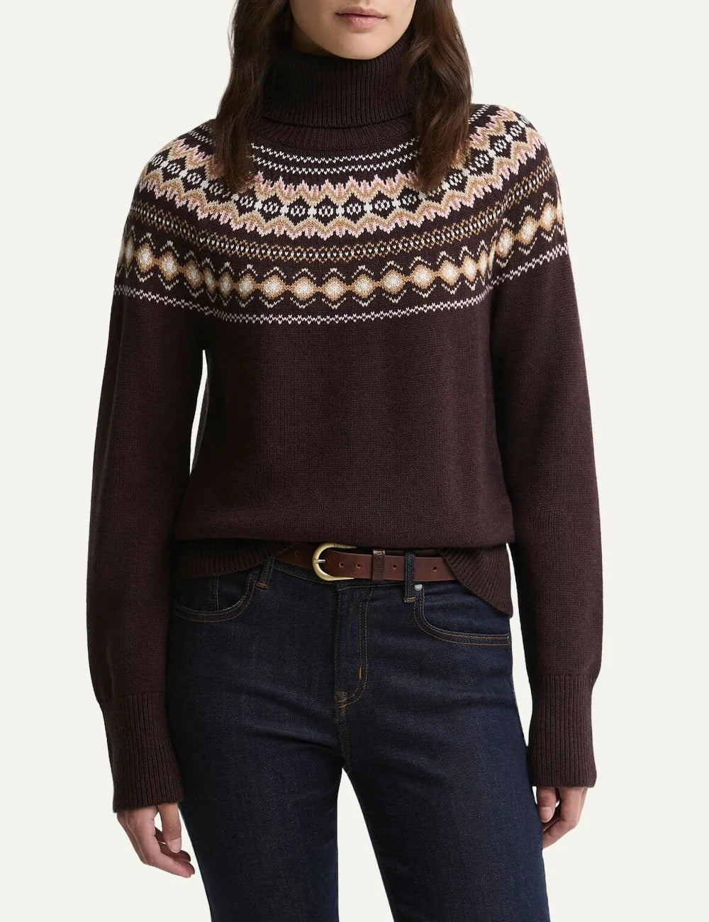 Barbour women's dark brown wool blend roll neck jumper with Fair Isle pattern and ribbed trims model