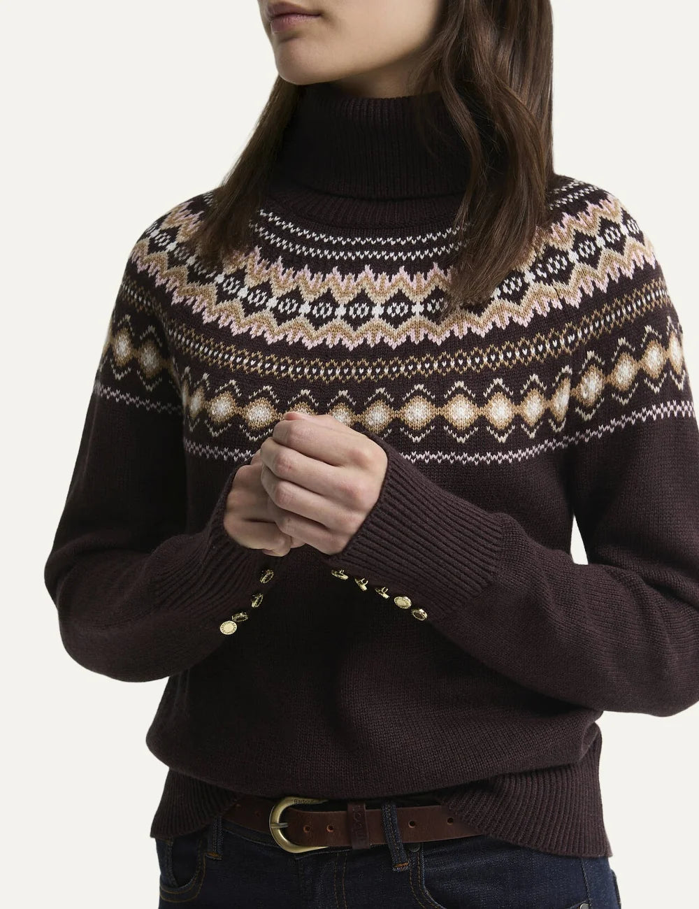 Barbour women's dark brown wool blend roll neck jumper with Fair Isle pattern and ribbed trims detail