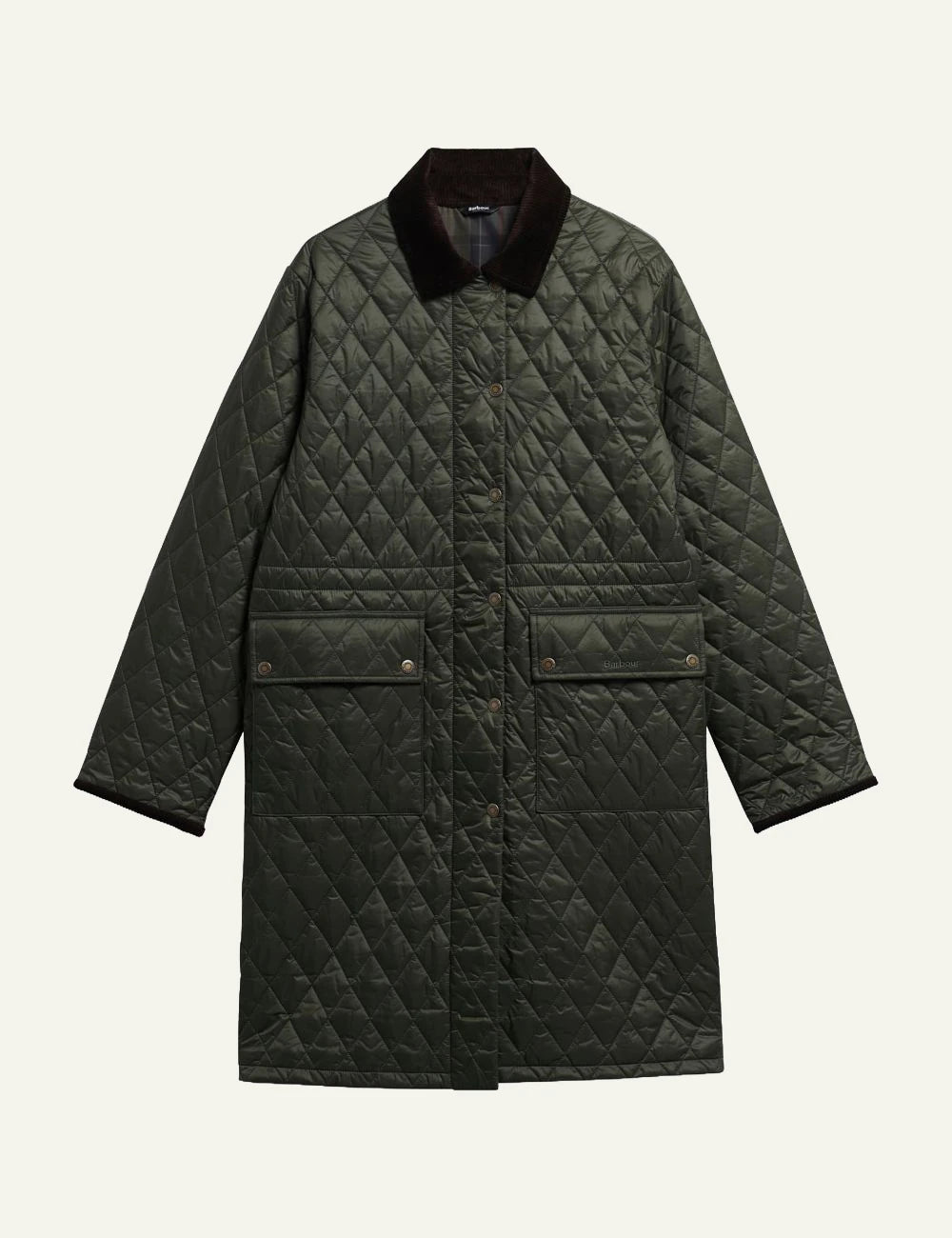 Women's Barbour dark khaki long quilted coat with brown corduroy collar and front pockets