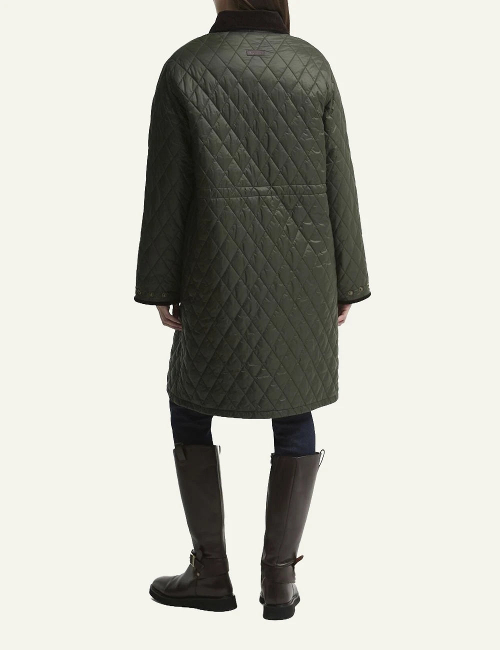Women's Barbour dark khaki long quilted coat with brown corduroy collar and front pockets back 