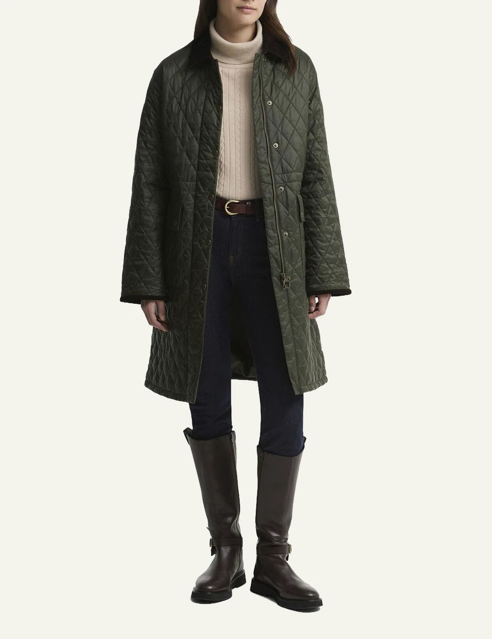 Women's Barbour dark khaki long quilted coat with brown corduroy collar and front pockets full body